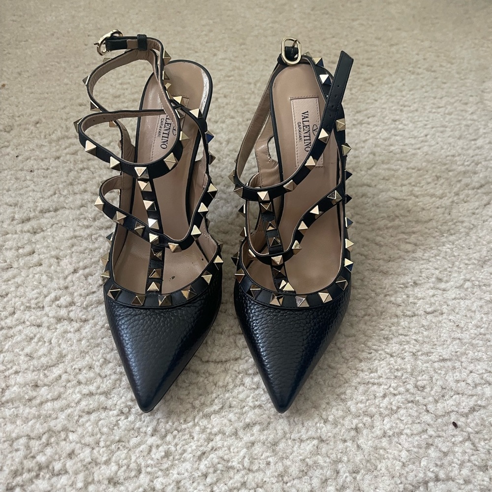 Valentino Black Rockstud Heels with Strappy Design